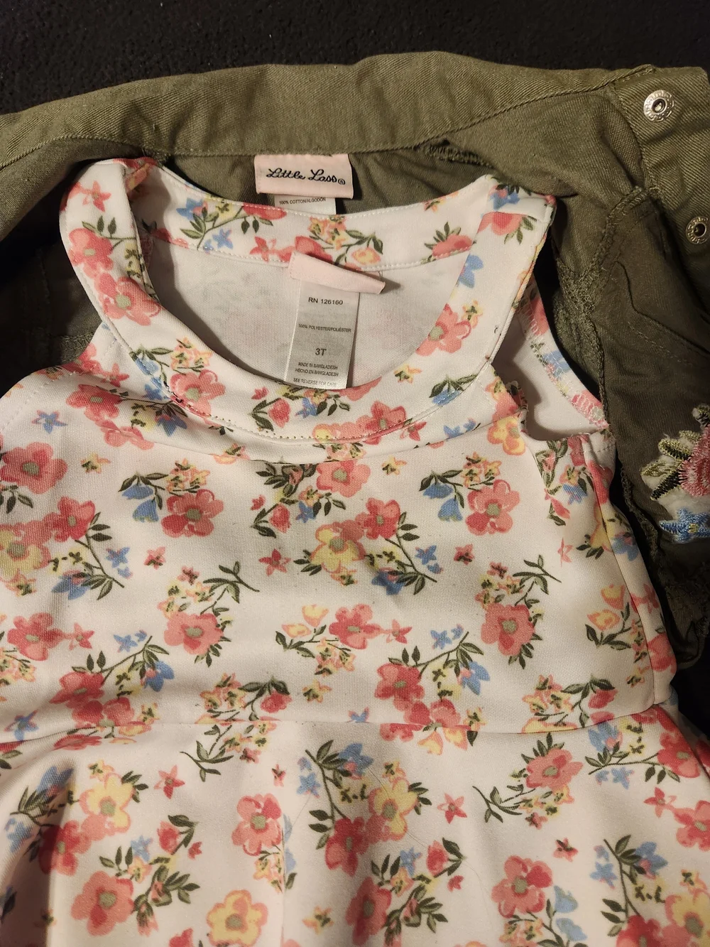 Little Lass White Floral Dress with Olive Jacket - Picture 3 of 3